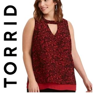 Torrid Keyhole Front Tie Neck Sleeveless Black & Red Floral Top 2X EUC